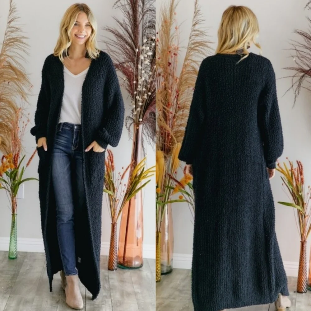 Oversized Maxi Duster Open front Cardigan Puff Black Small New - Picture 1 of 10